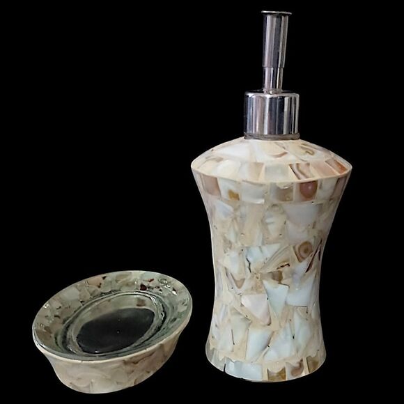 Capiz Shell Mosaic Soap Dispenser Set Of 2 Dish Mother Of Pearl Glass Bathroom.  - Picture 8 of 16